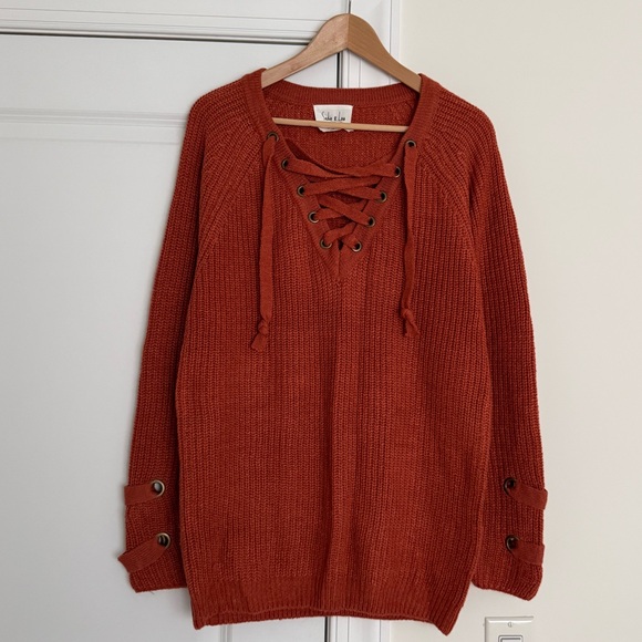Lace-Up Ribbed Knit Sweater - Rust - Picture 7 of 7